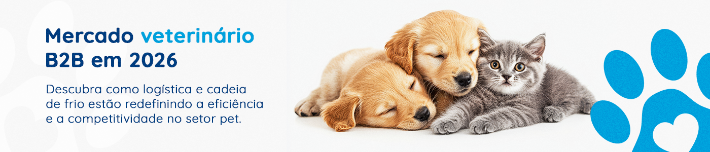 Banner com o texto ‘Mercado veterinário B2B em 2026. Descubra como logística e cadeia de frio estão redefinindo a eficiência e a competitividade no setor pet.’ À direita, dois filhotes de cachorro dormindo ao lado de um filhote de gato acordado, simbolizando cuidado, bem-estar e o mercado pet em expansão.